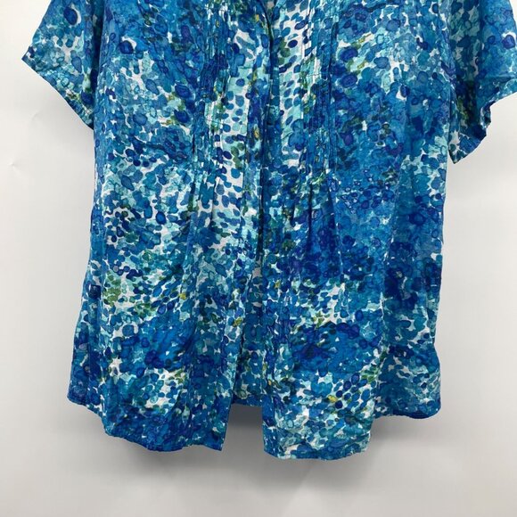 Coldwater Creek Womens Button Up Top Short Sleeve Pleated Blue/Multi Large - Picture 3 of 9